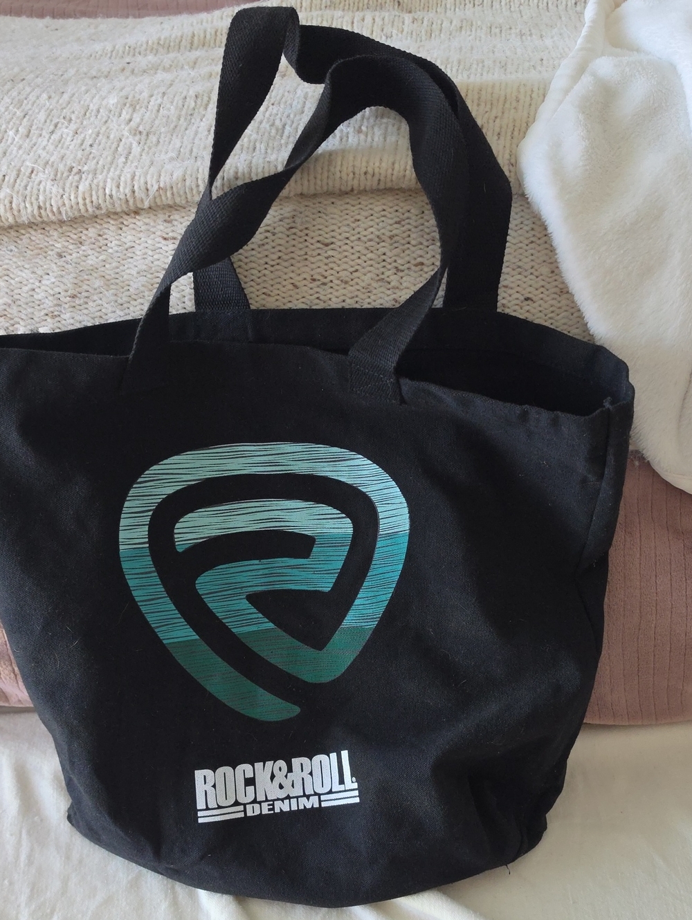 Rock & Roll Denim Black Tote Bag with Teal Logo